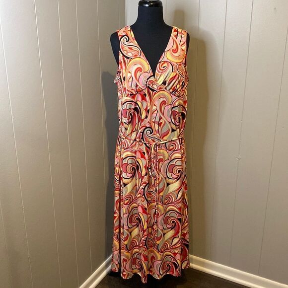 Jade by Jane 1XL Maxi Dress Sleeveless Abstract Design Waist Tie - Picture 1 of 7